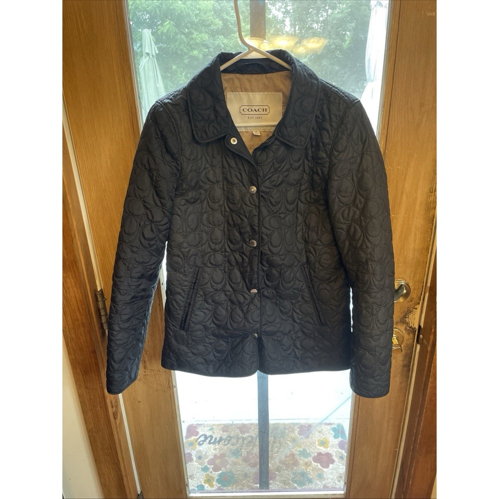 Coach Signature Quilted Black Jacket Women's Size S Nylon‎ Logo Button Up